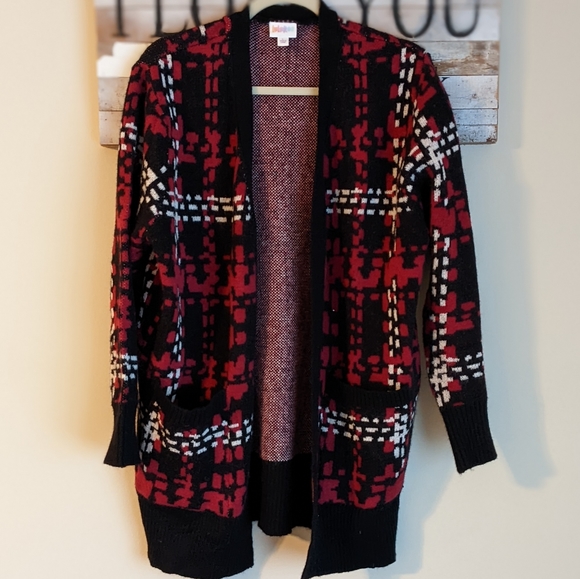 LuLaRoe NWOT Peyton Cardigan Red Plaid Faux Mohair Large - Picture 2 of 7